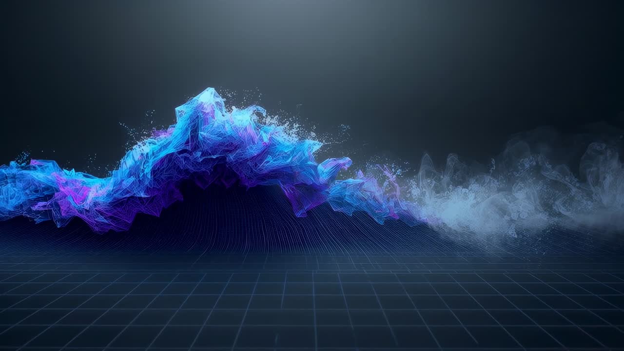 Starting animation neon blue-purple wave pulsing on grid floor, emitting smoke, forming crest