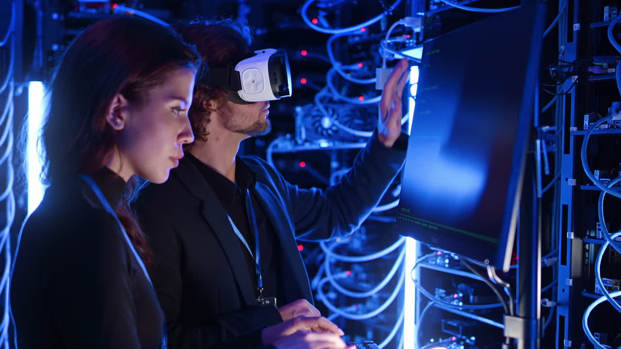 Woman programming in a server room while a man is using a Virtual Reality headset