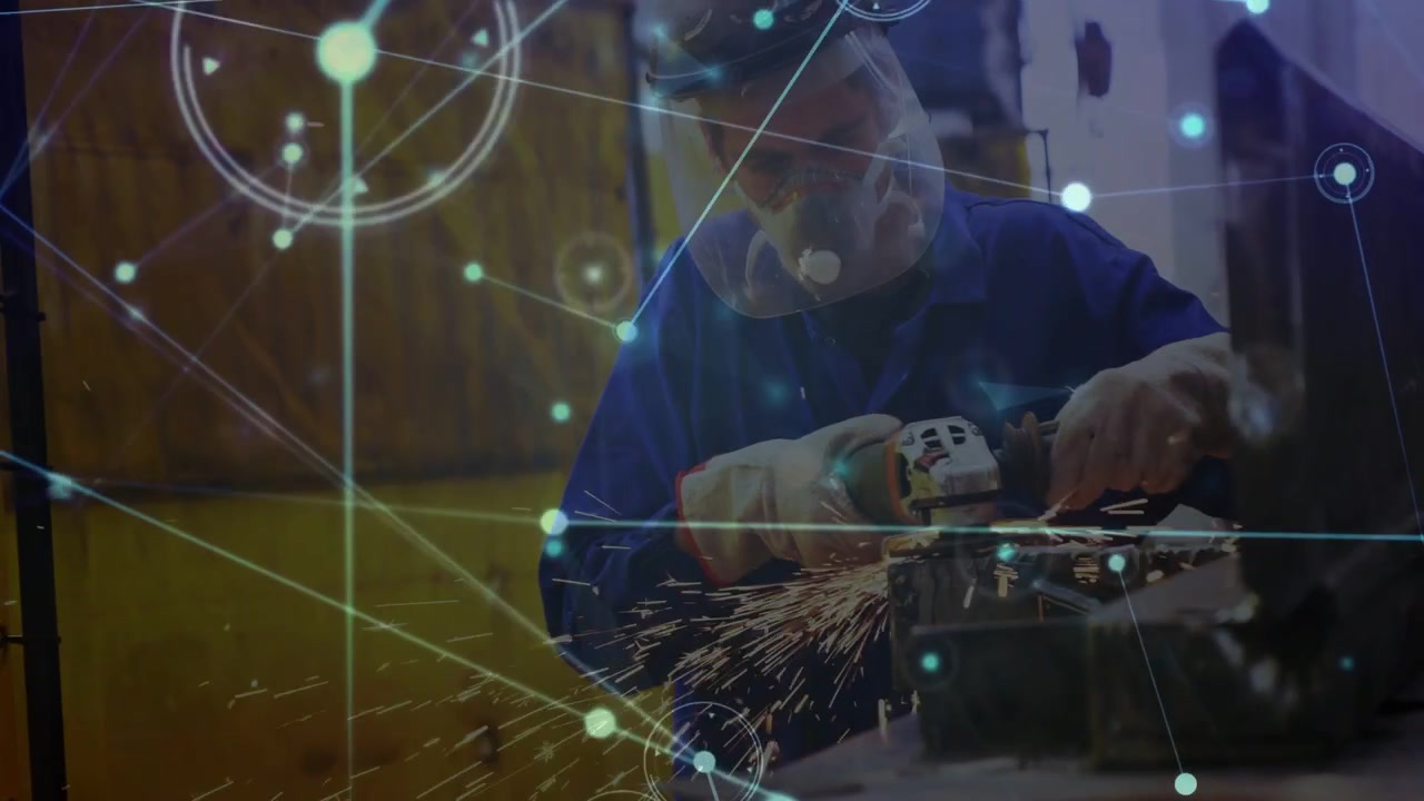 Male metalworker using grinder, disc hitting metal causing sparks, nodes overlay tracking, shaping