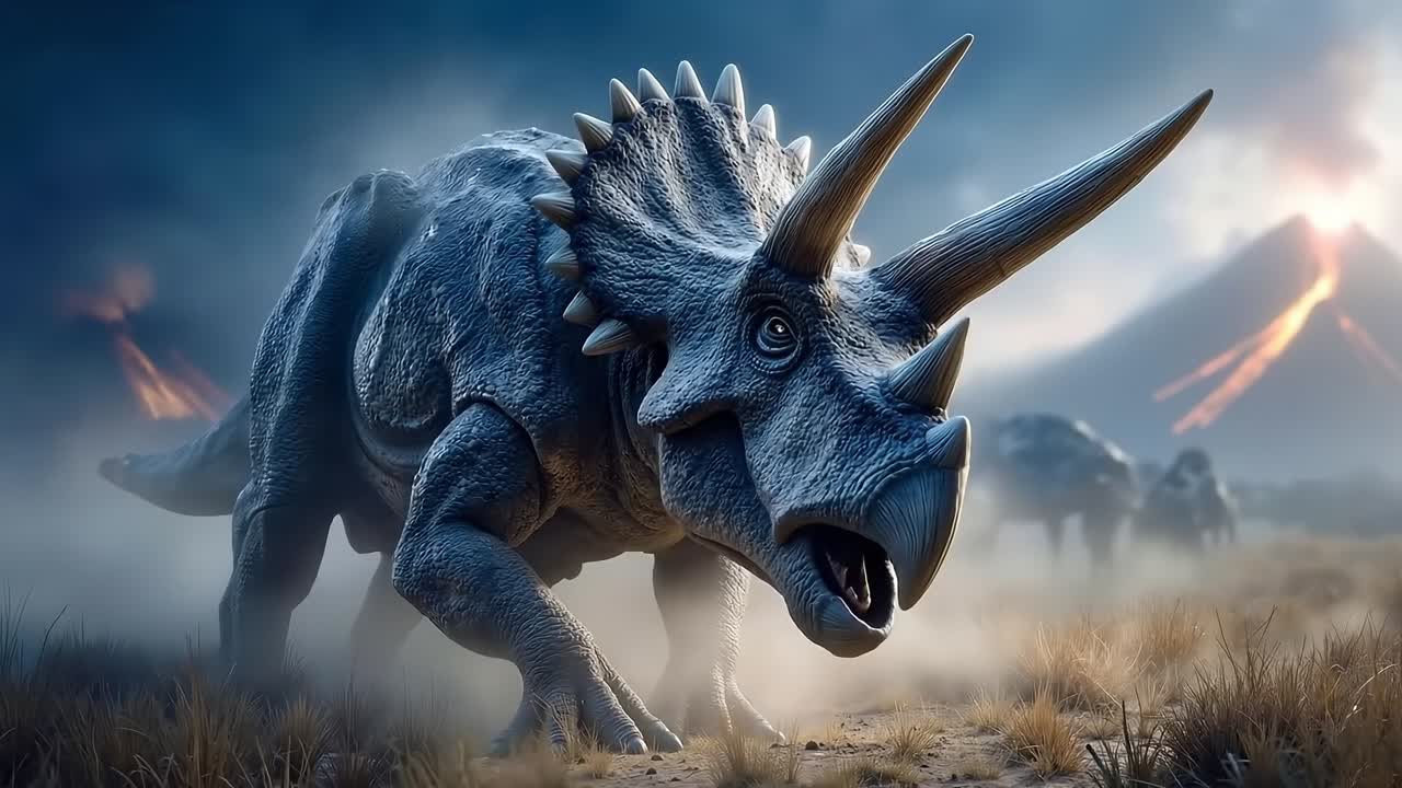 A triceratops dinosaur walking through a field with a volcano in the background
