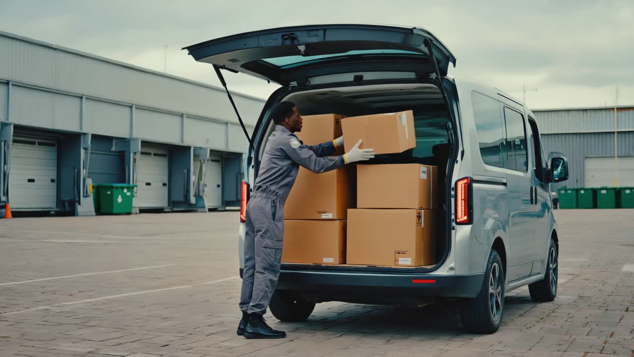 Delivery Worker Loading Boxes into a Van