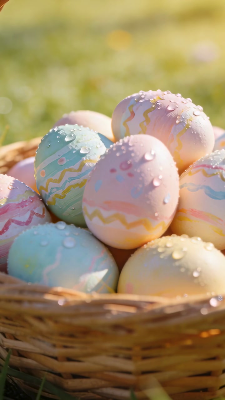 Vertical video: Camera panning, revealing wicker basket holding pastel eggs on grass to show dew
