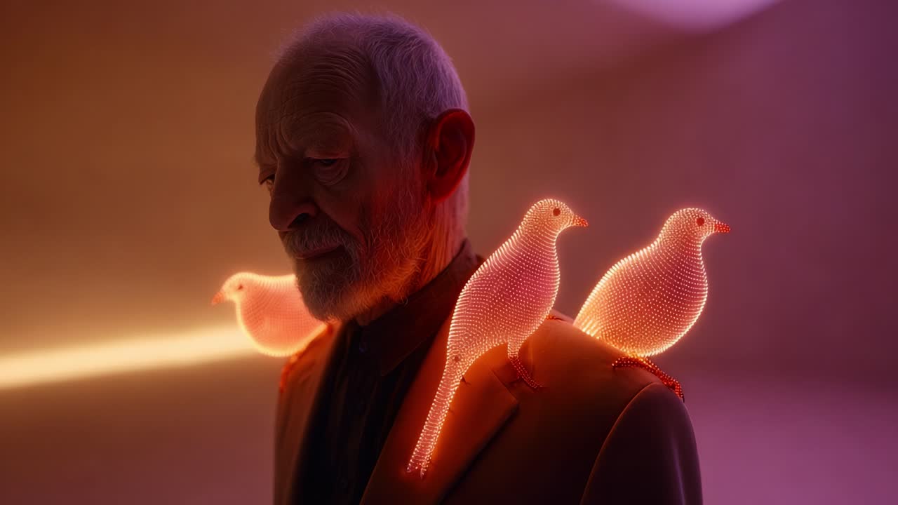 A captivating blend of technology and nature depicted through an elderly figure adorned with glowing digital birds, symbolizing harmony and imagination in a surreal visual experience