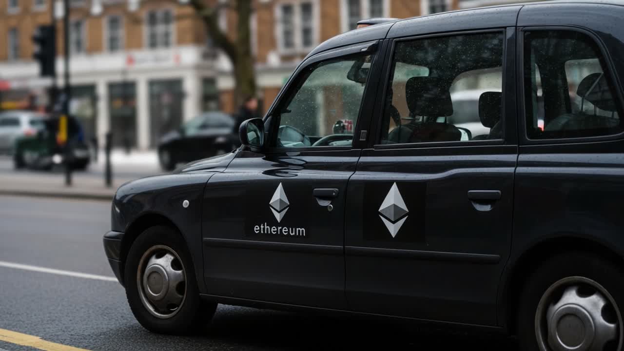 A Black Taxi Featuring Ethereum Branding Driving Through an Urban Street Scene, Highlighting the Intersection of Cryptocurrency and Everyday Transportation