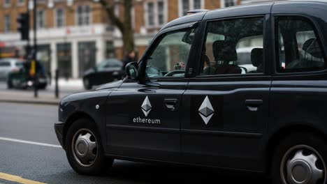 a black taxi featuring ethereum branding driving through an urban street scene, highlighting the intersection of cryptocurrency and everyday transportation