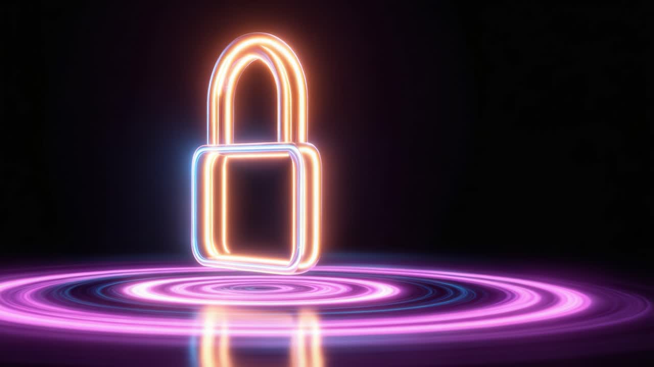 A Captivating Neon Lock in a Dark Environment: Symbolizing Security and Protection with Vibrant Colors and Reflective Surfaces Evoking a Sense of Digital Safety
