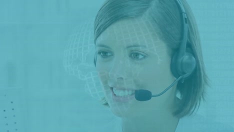 globe spinning against portrait of caucasian female customer care executive talking on phone headset