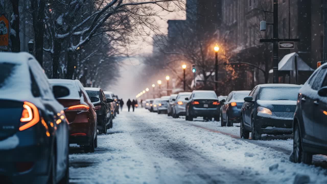 Street view video style, capturing a snowy urban scene at eye level. Cars line the road, while soft