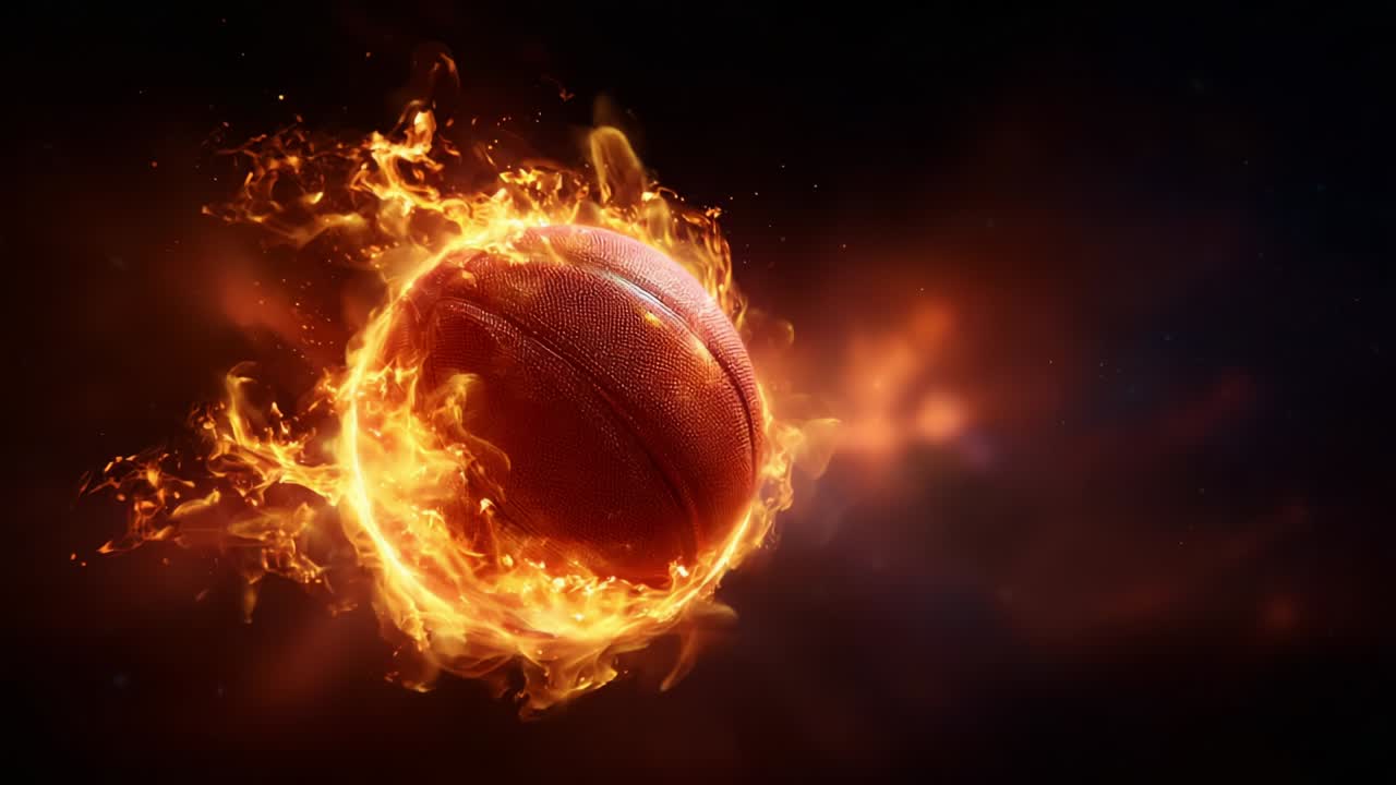 A blazing basketball engulfed in dynamic flames, showcasing a spectacular collision of sport and fire, symbolizing energy, intensity, and the excitement of competitive play in a mesmerizing visual display