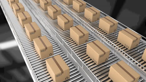 animation of cardboard boxes moving on conveyor belts over warehouse