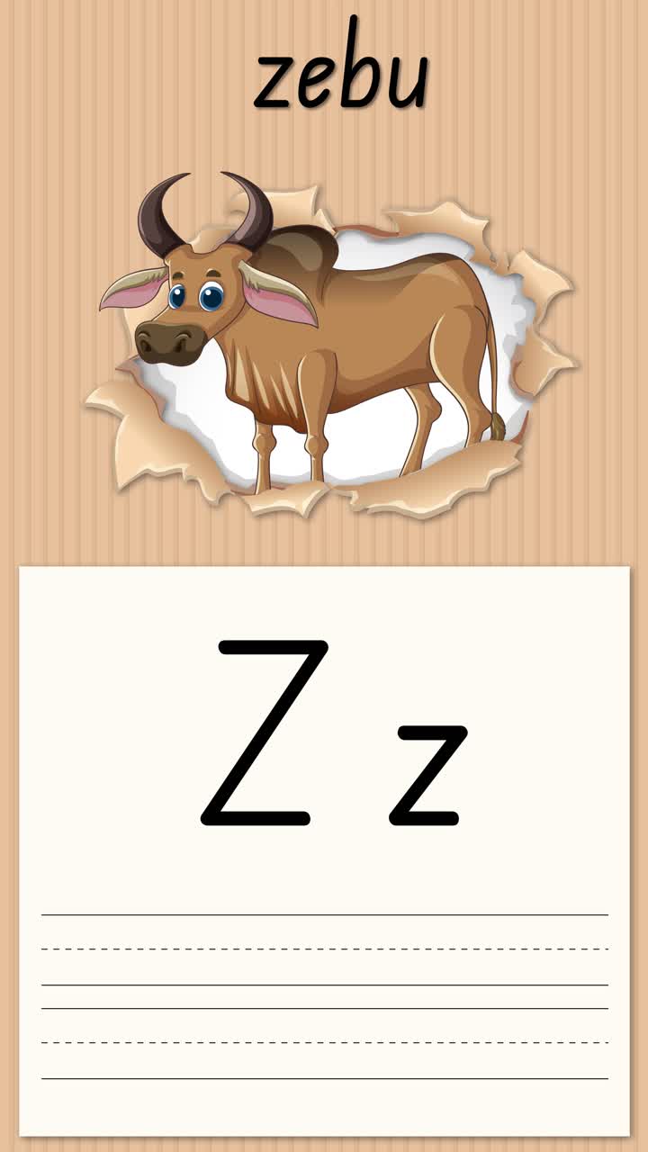 Animeret pædagogisk flashcard lærer bogstavet Z ved hjælp af en tegneserie-zebu og skriveøvelser.