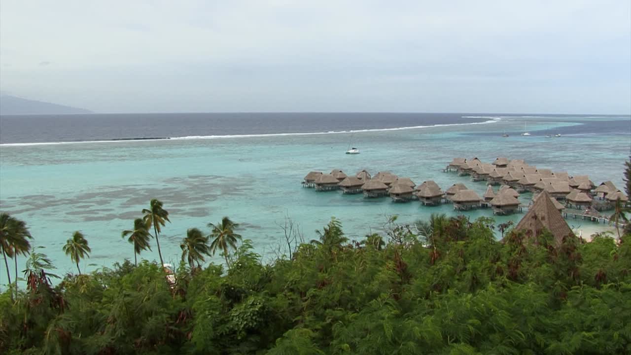 View from Toatea Lookout, of the reef and the over-water bungalows, Moorea, French Polynesia