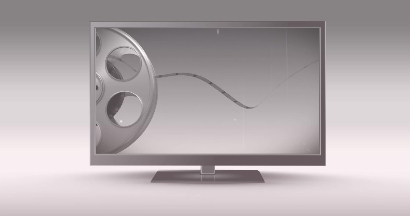 Animation of television set with film strip rolling against white background