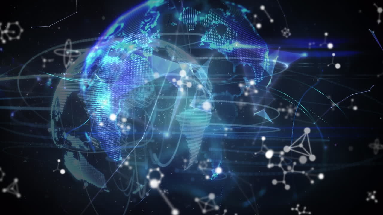 Animation of network of connections with globe on blue background