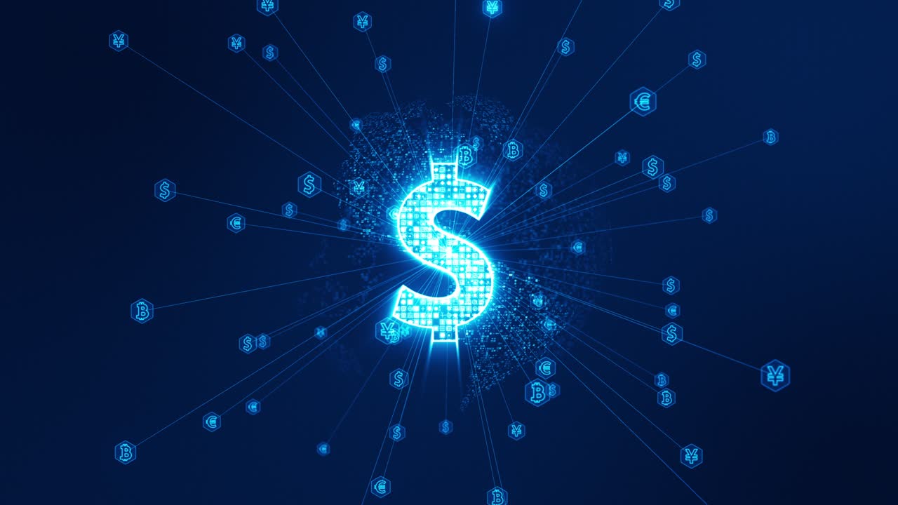 gráfico de movimiento de dinero digital azul y rotación de la esfera de la tierra con conexión de línea y transferencia de datos a tecnología futurista icono concepto de fondo abstracto video de bucle sin costuras