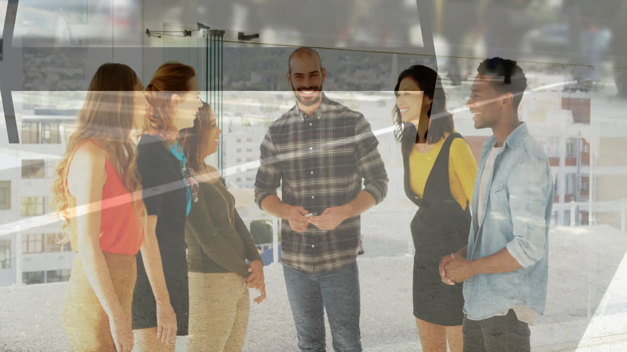 Talking in office, diverse group with cityscape animation overlay in background