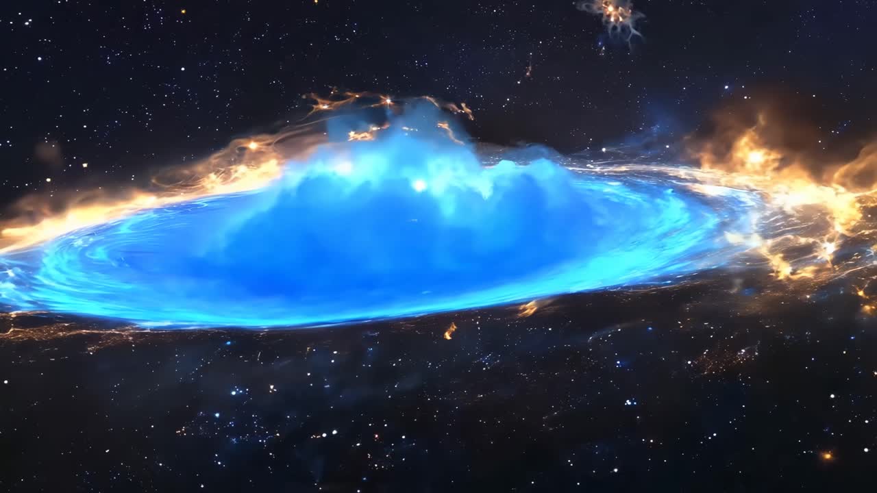 A blue and orange comet is flying through space. The comet is surrounded by a cloud of fire and smoke