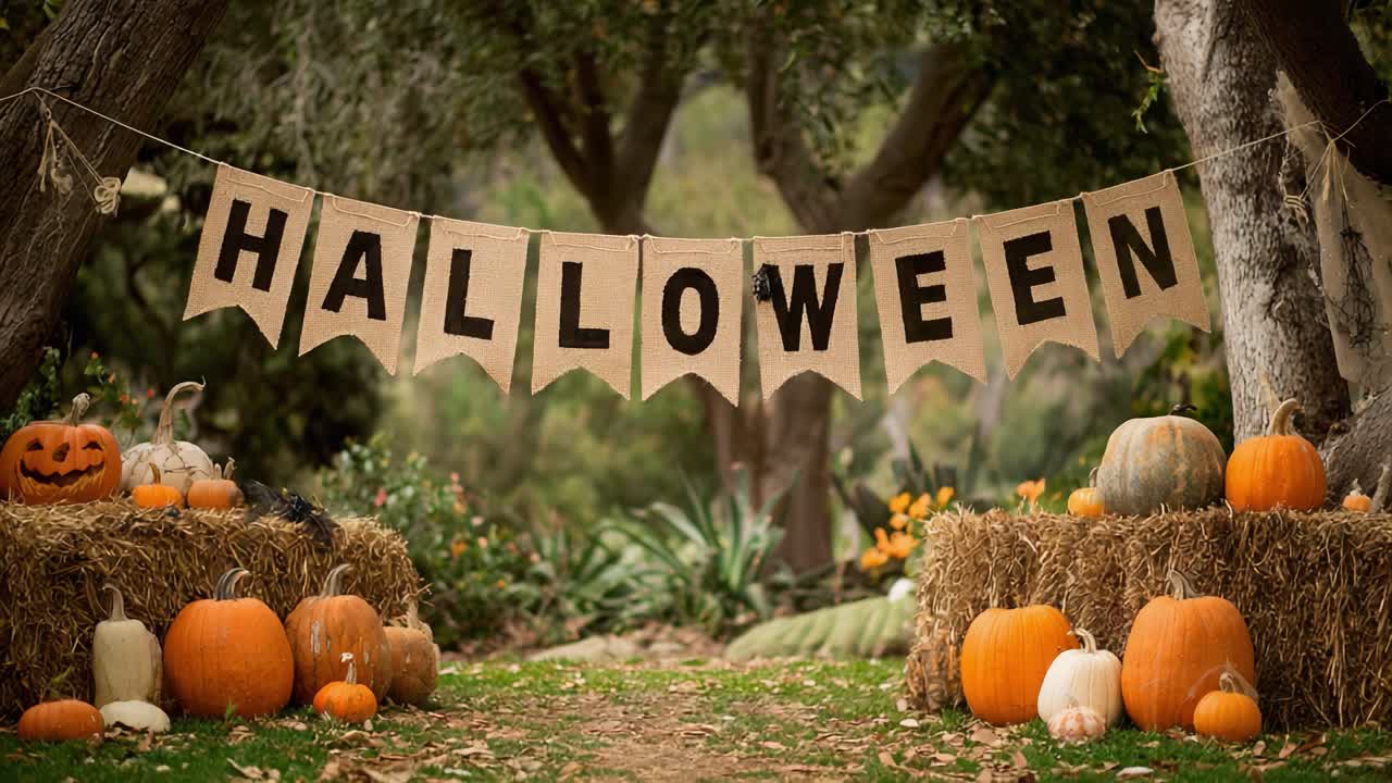 Rustic Halloween decorations with a burlap banner, pumpkins, and hay bales in an outdoor setting creating a spooky and festive atmosphere for a traditional autumn celebration in a park or garden