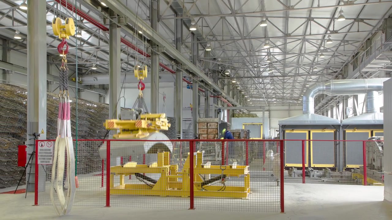 MOSCOU - POR VOLTA DE SETEMBRO DE 2015: Timelapse do operador de dispositivo de elevação, levantando cargas com ímã de elevação, em oficina mecânica, fábrica de estruturas de concreto e metal. Oficina moderna de fábrica de concreto armado.