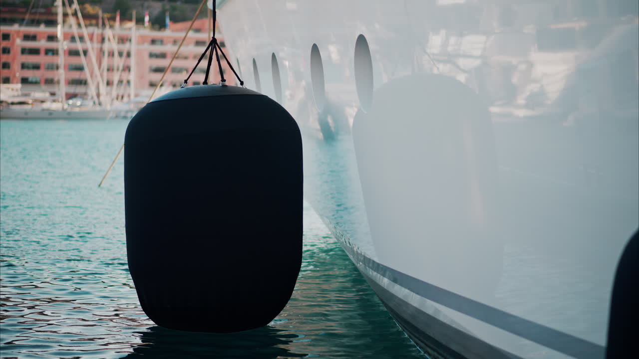 Close-up of a large, dark-colored fender hanging from the side of a yacht