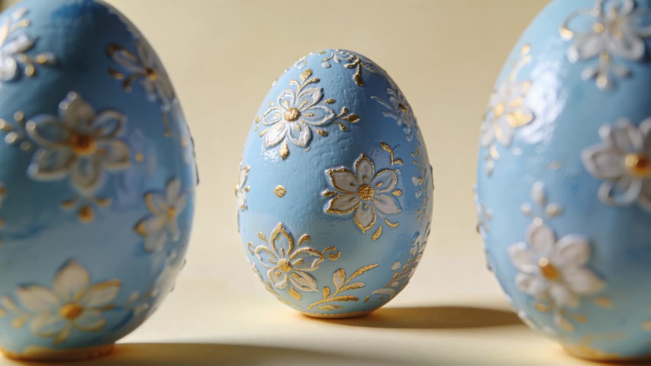 Camera shifting, revealing central blue egg among three blue eggs on beige surface showing motifs