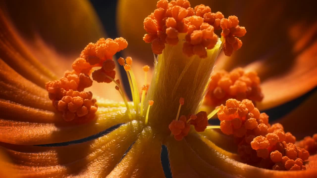 Telecamera in movimento che rivela il pistillo e gli stami di un fiore in macro, in studio, mostrando un denso polline arancione.