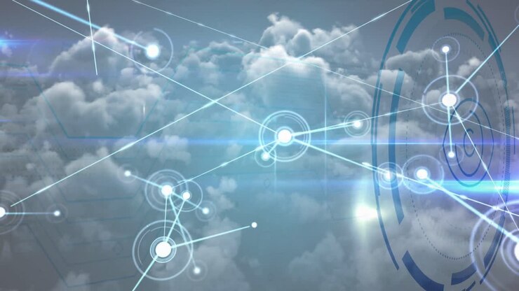 Animation of eye icon over data processing and clouds