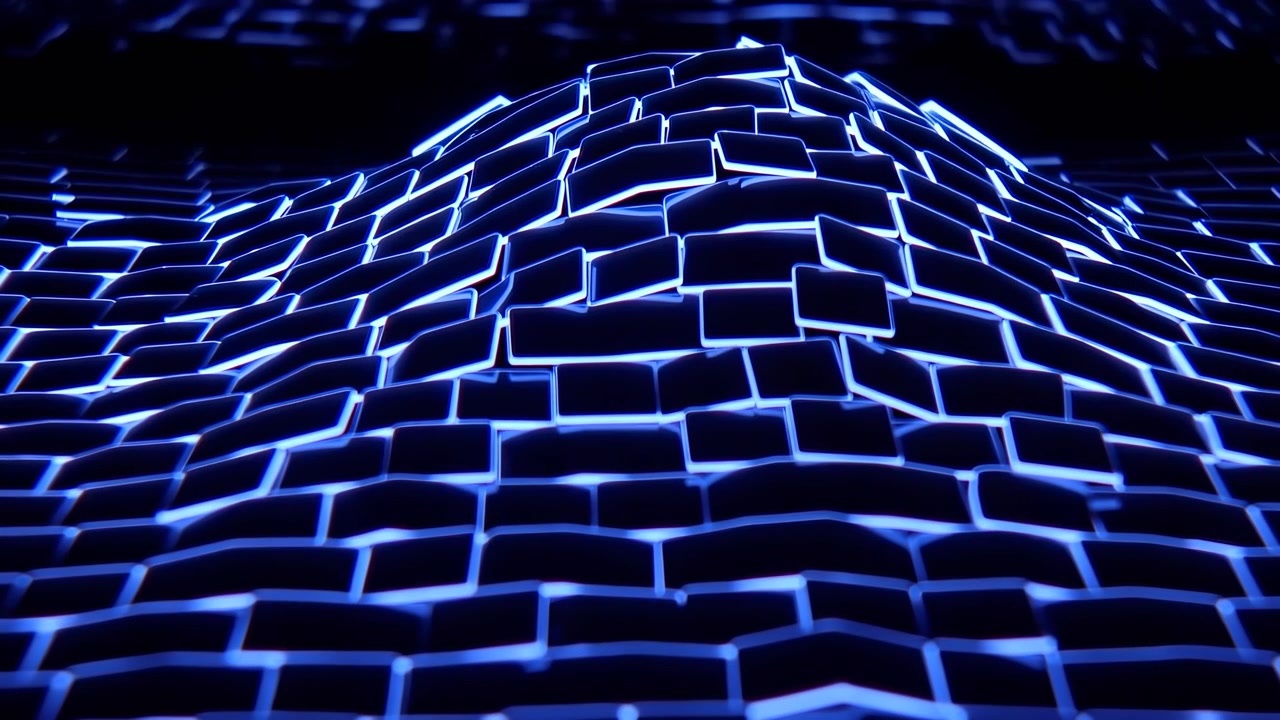 Dark abstract panel field with bright blue glowing edges rises into wave shape across layered geometric grid, creating sleek futuristic depth, strong contrast, luminous energy, modern digital