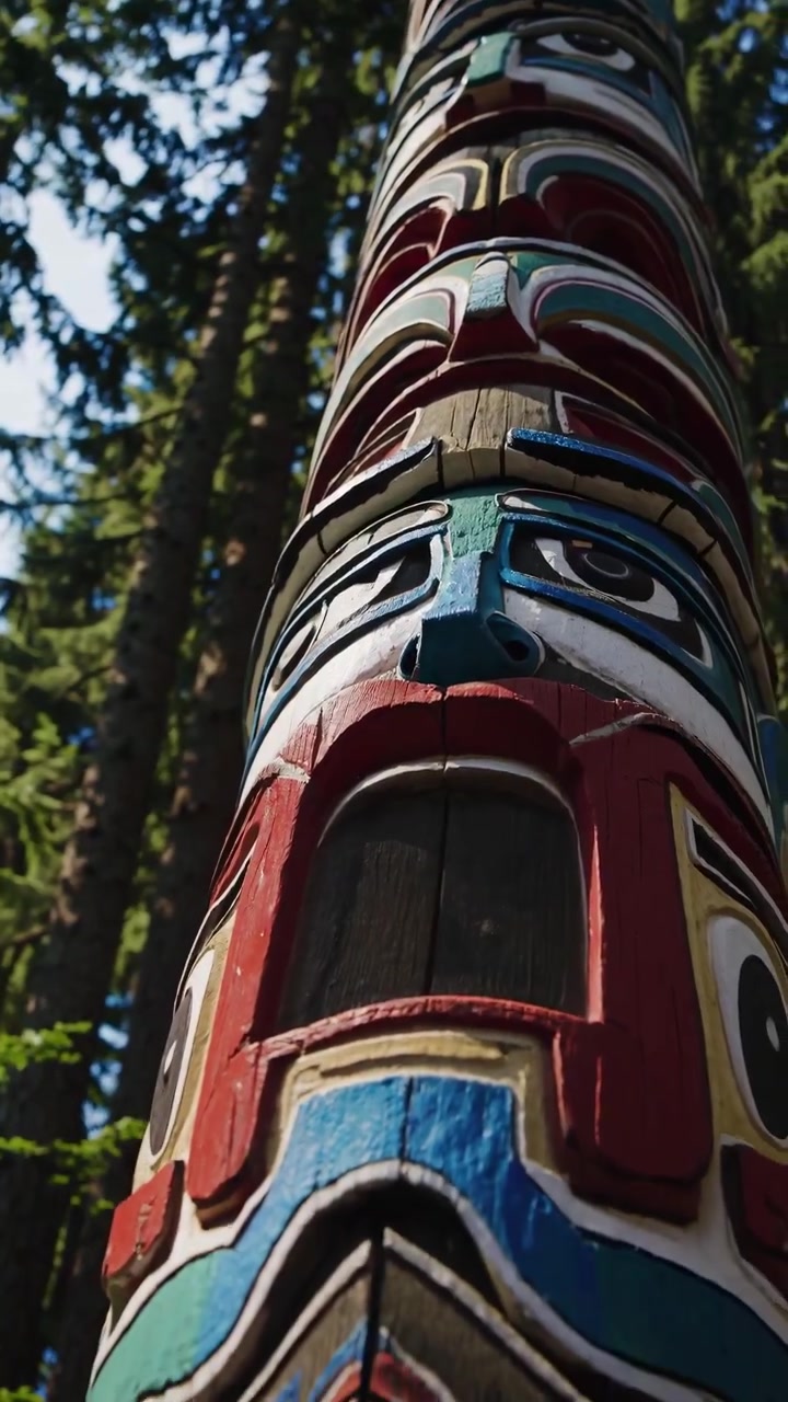 Traditioneller indigener Totempfahl in einem üppigen Wald