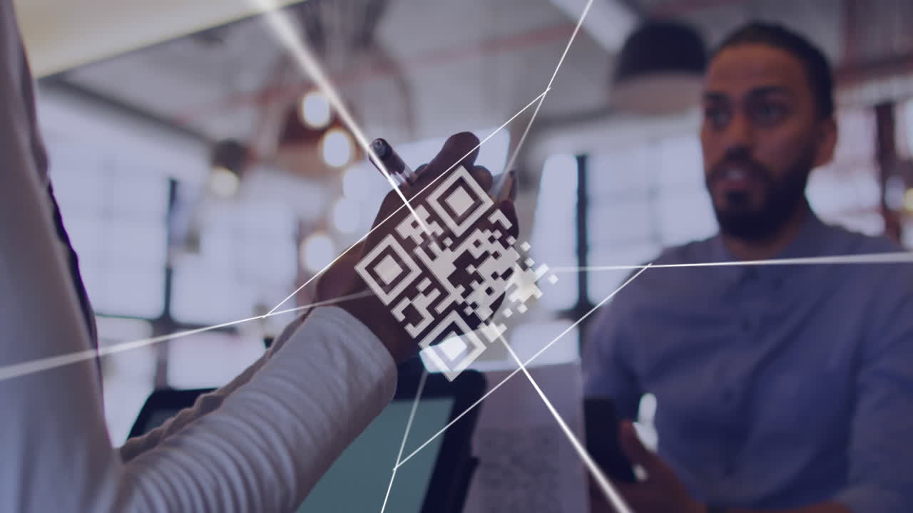 Animation of qr code and digital interface over diverse couple using technology