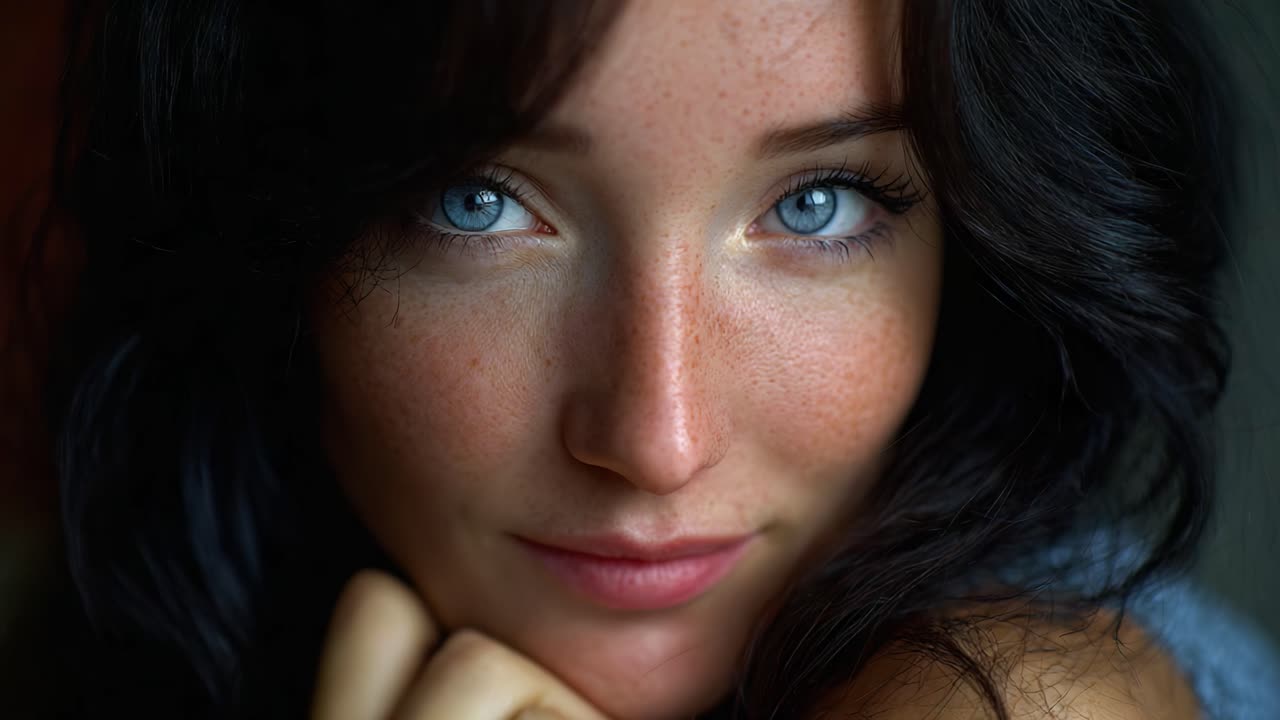 Captivating Close-up of a Young Woman with Striking Blue Eyes and Natural Beauty Radiating Confidence and Charm in a Soft, Intimate Setting