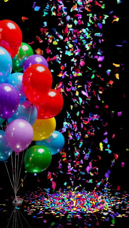 colorful balloons and confetti on black background