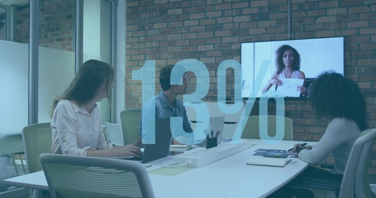 Animation of increasing percentage against diverse colleagues having a video conference at office