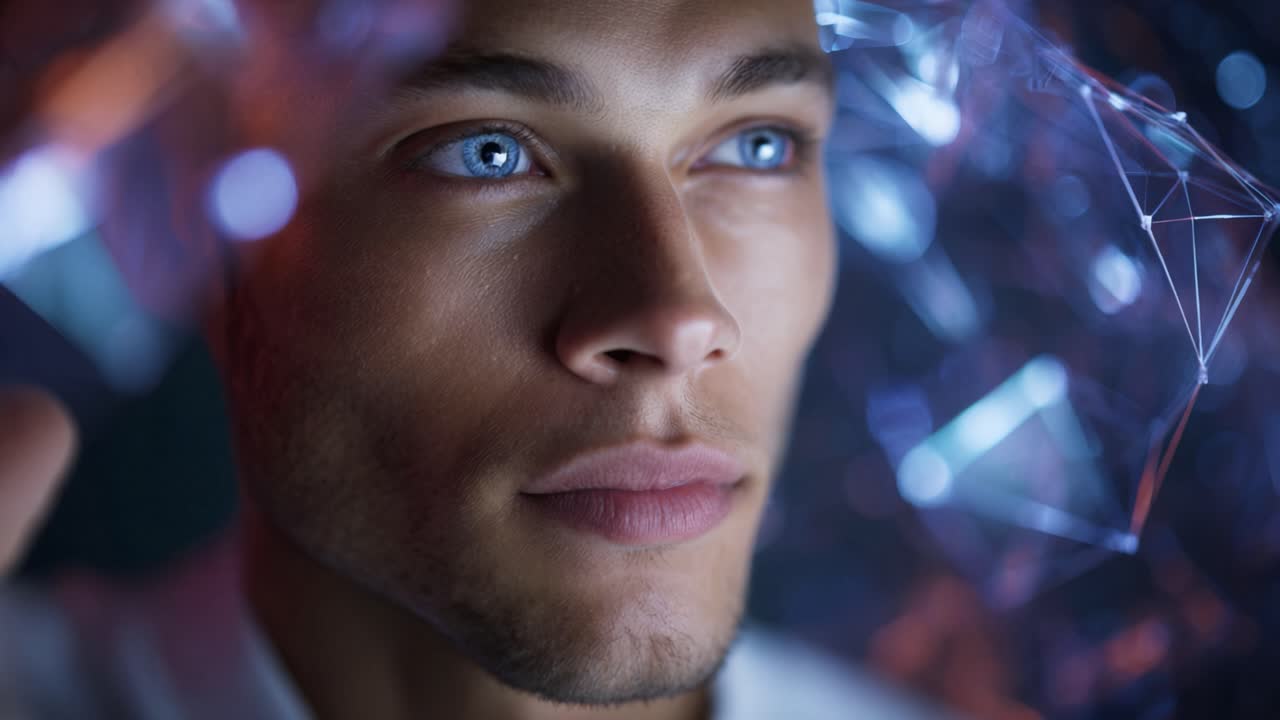 Um Jovem Contemplativo Olha Pensativamente, Com Olhos Azuis Vívidos Refletindo Formas Holográficas Futuristas em um Ambiente Abstrato e Intensamente Iluminado