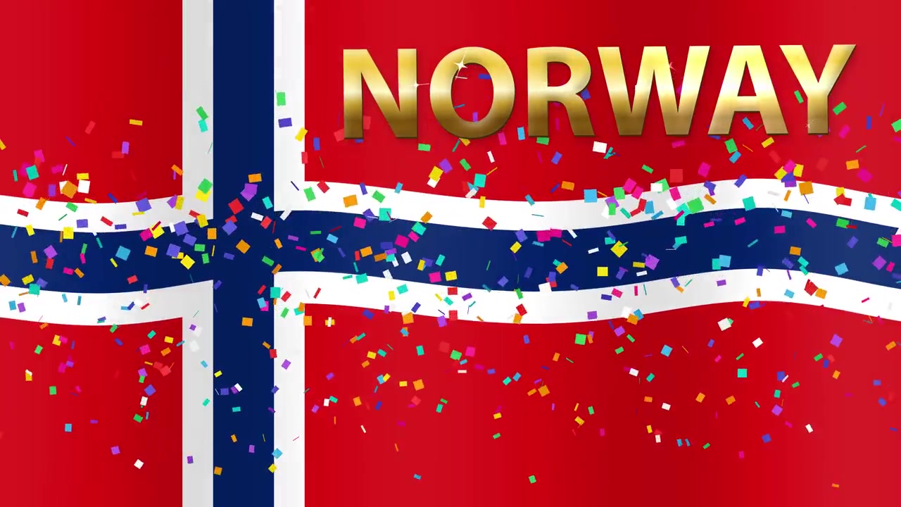 舞い落ちる紙吹雪と金色の文字が添えられた、なびくノルウェーの国旗
