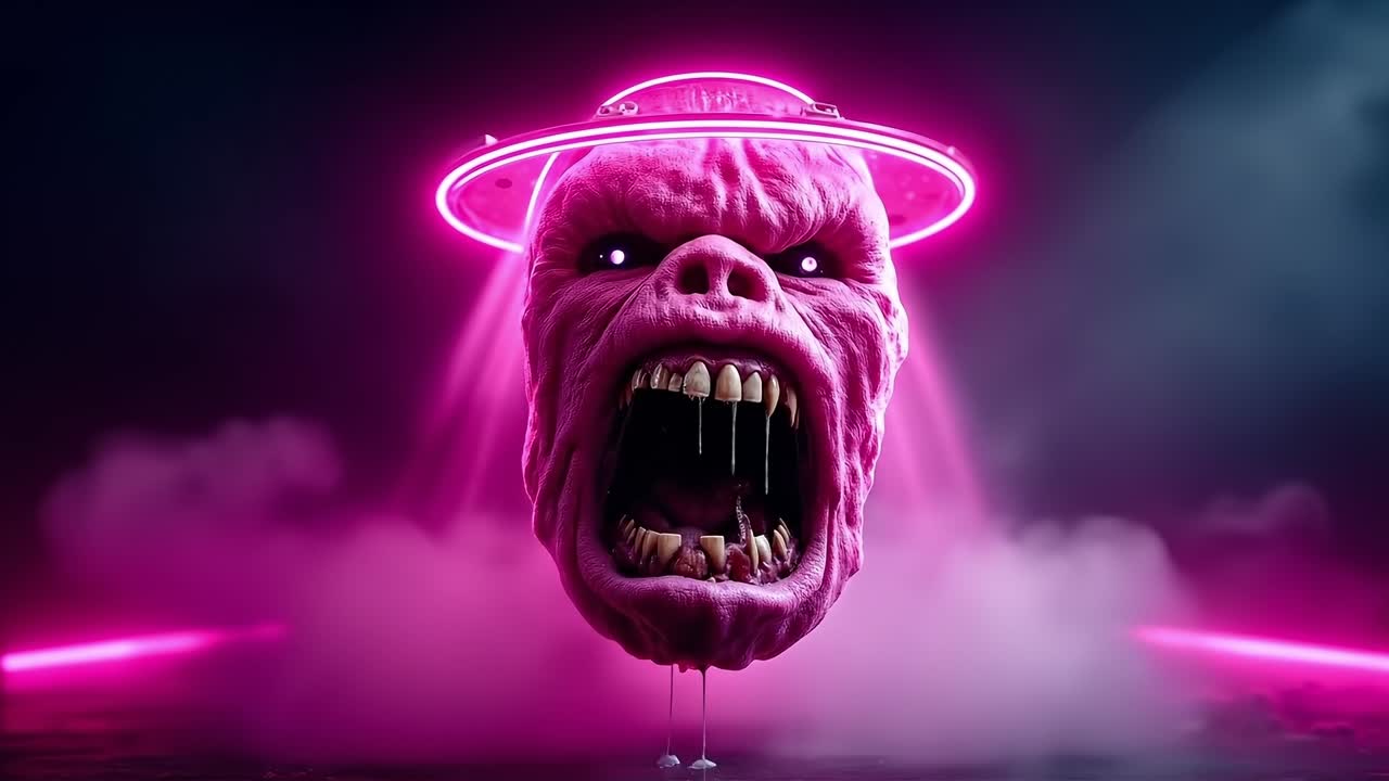 A pink monster with a halo on its head in the middle of a dark room
