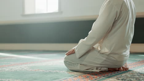 Praying,-Muslim-and-man-with-faith-in-a-mosque