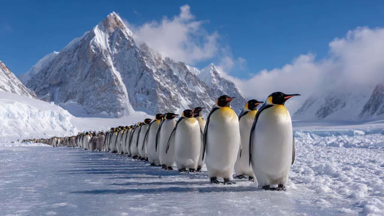 A Majestic Line of Emperor Penguins Marching in Their Natural Habitat, Surrounded by Snow-Capped Mountains and Icy Terrain Under a Clear Blue Sky
