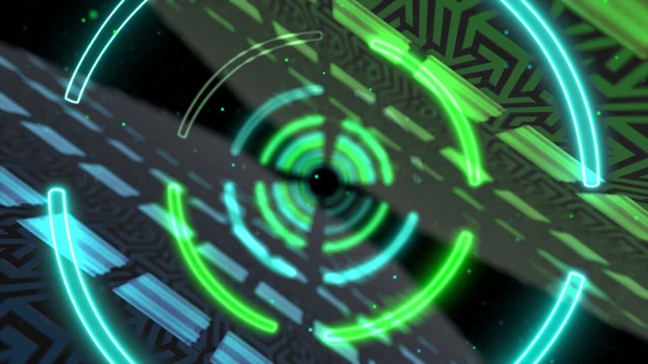 neón creativo abstracto, túnel led con formas redondas y circulares. piso futurista, salón, escenario con perspectiva giratoria.