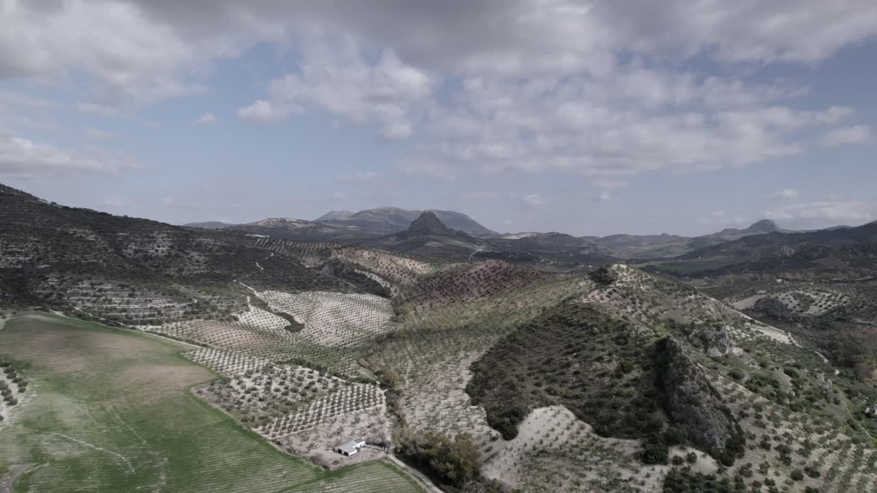 Aerial 4K footage of Olvera, Spain, captured with a DJI drone at 30fps. A cinematic view of open meadows with a stunning castle atop the mountain in the background.