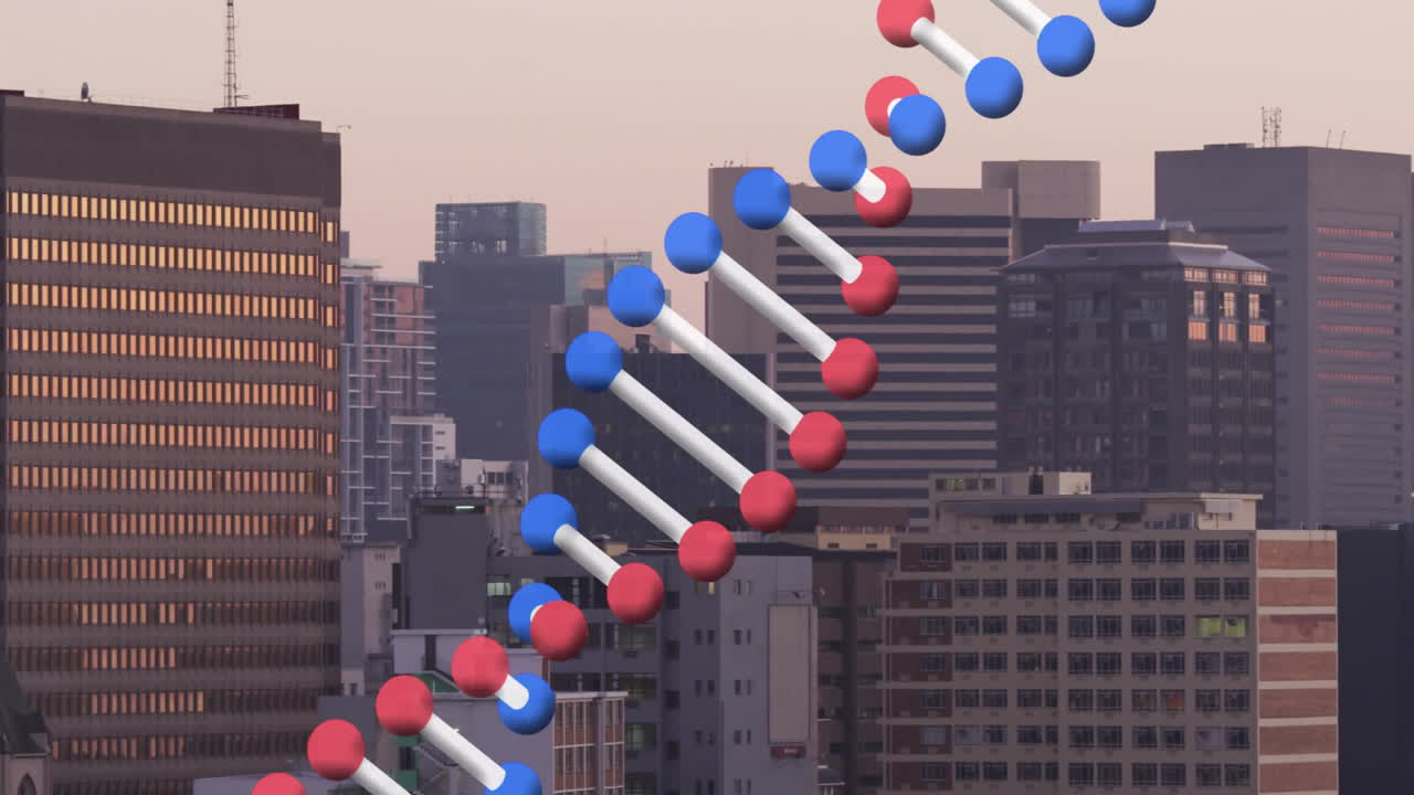 3D stylized helix floating above urban skyline at dusk, showing red blue spheres linked by rods