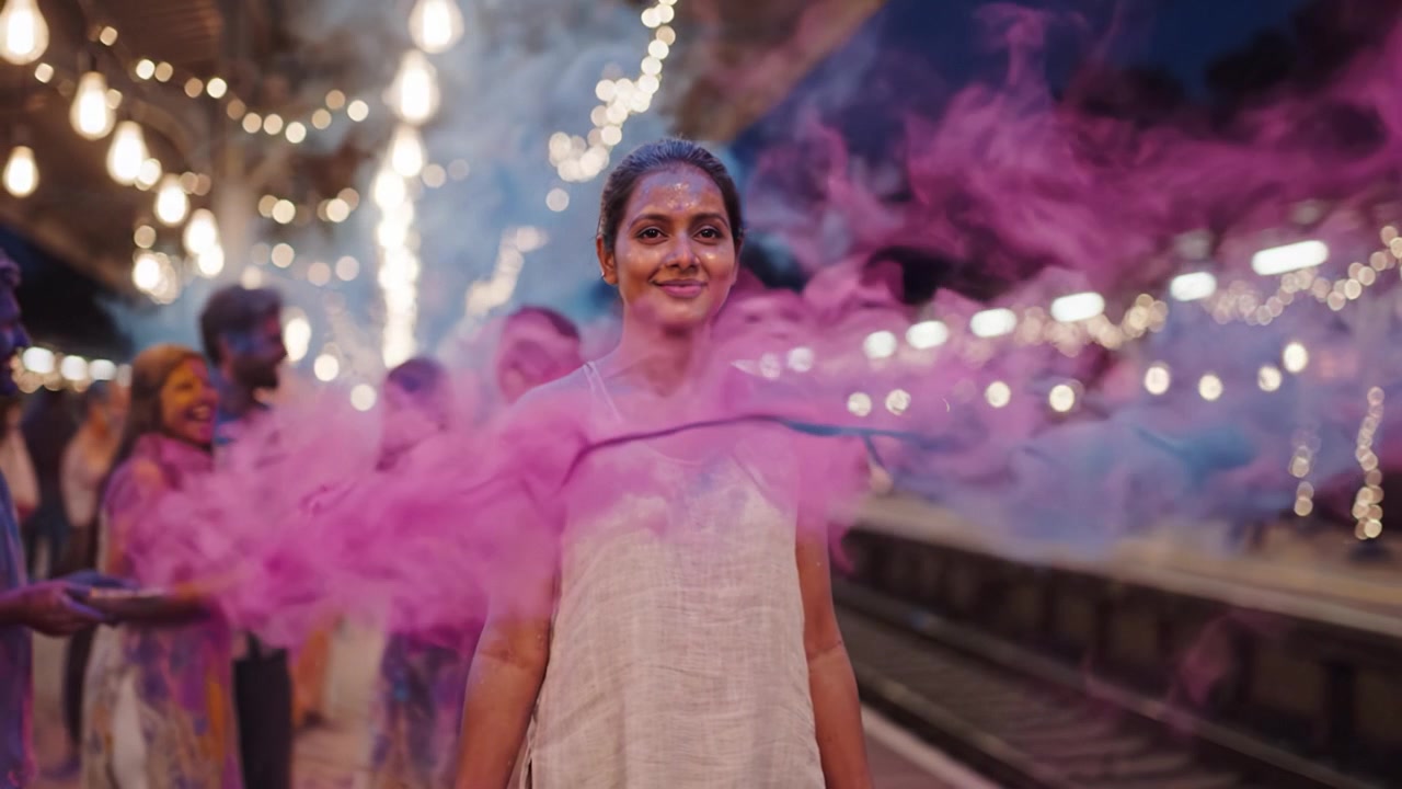 Scena celebrativa di una giovane donna in una stazione ferroviaria durante un festival dei colori, circondata da partecipanti gioiosi coperti di vivace polvere Holi e luci.