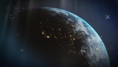 animatie van rijen van flikkerende stippen en markers over de planeet aarde