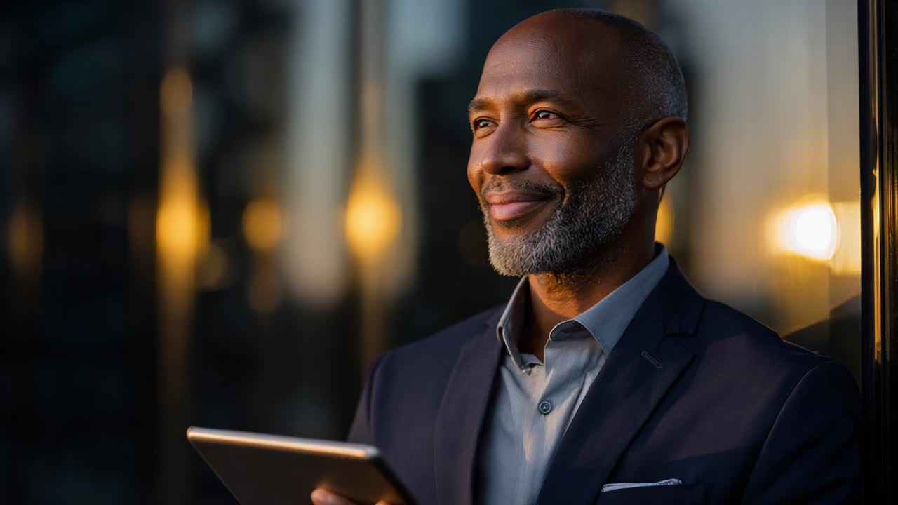A confident mature man with a distinguished gray beard, dressed in a smart navy suit, gazes thoughtfully upwards while holding a tablet, reflecting a moment of contemplation and inspiration amid a modern urban backdrop