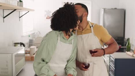 Kiss,-cooking-and-black-couple-toast-with-wine