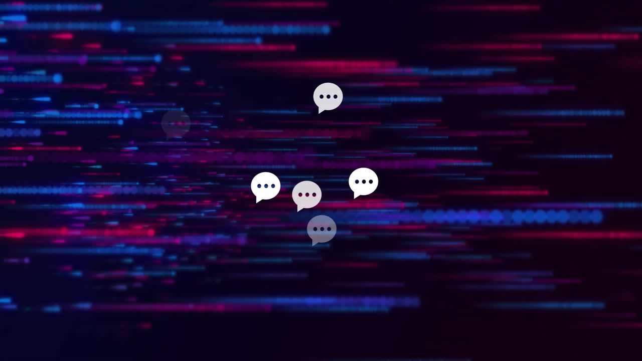 음성 거품의 애니메이션 빛나는 빛의 흔적은 검은 바탕에서 움직입니다.