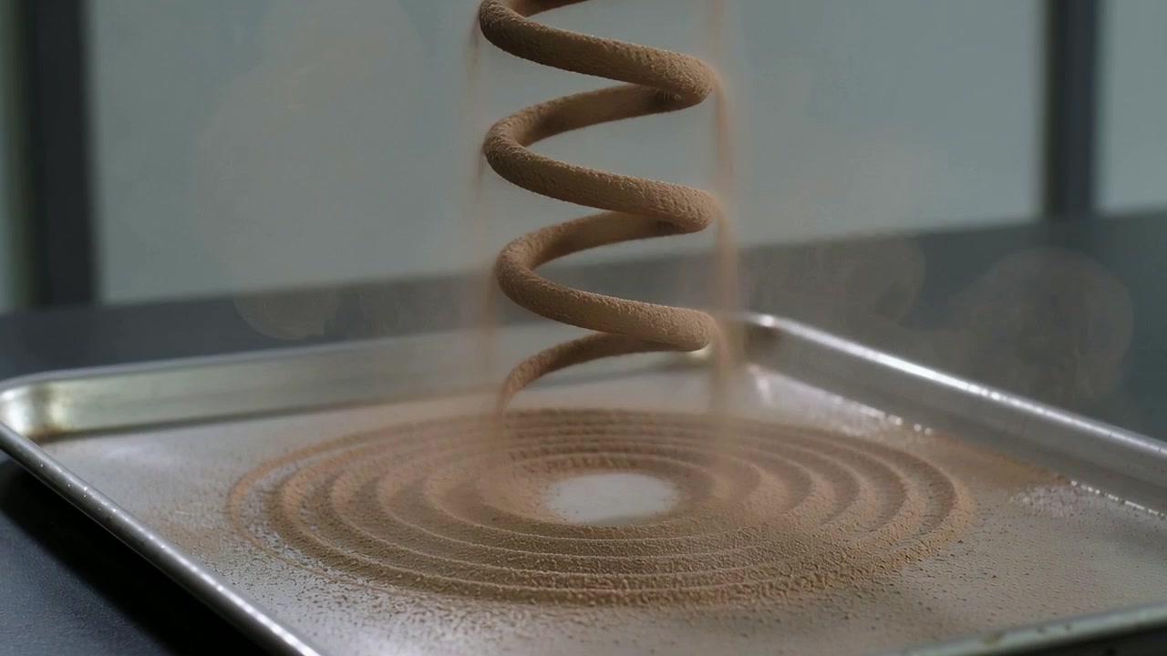 Flusso elicoidale di sabbia che cade dall'alto formando anelli su un vassoio di metallo, creando increspature su un banco