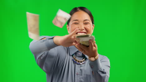 Throw,-money-and-face-of-woman-on-green-screen