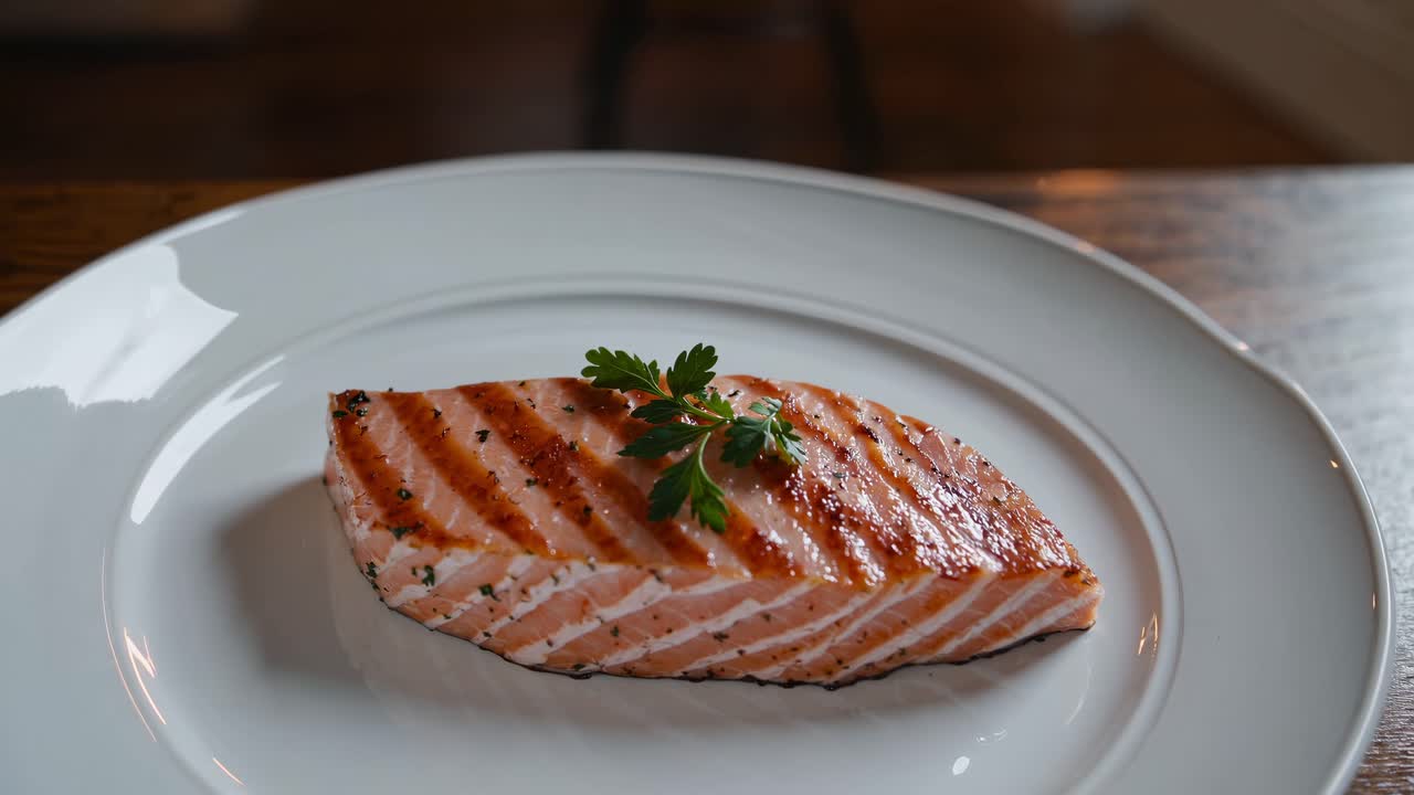 Close-up video of a grilled salmon fillet on a white plate, garnished with parsley