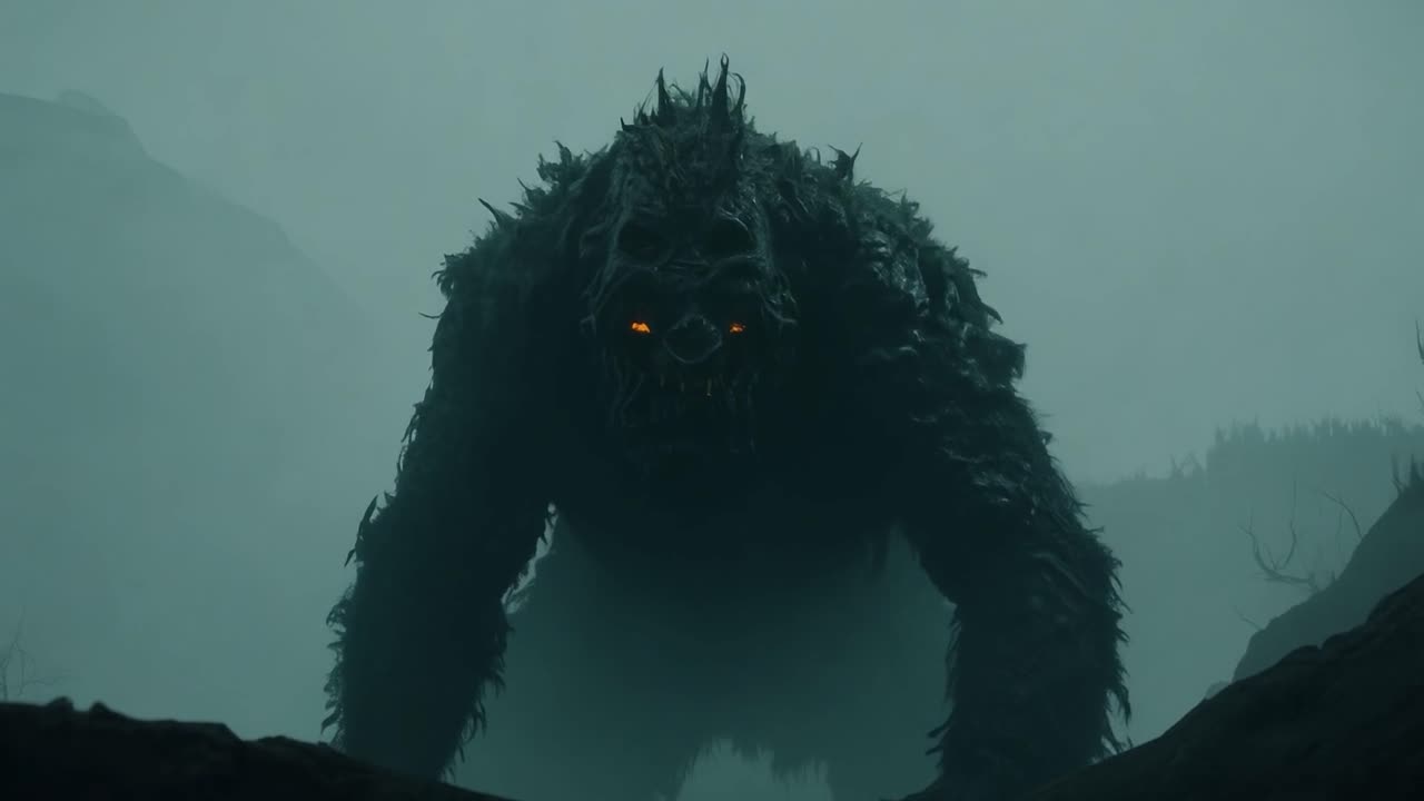 una gran criatura monstruosa con ojos rojos brillantes se encuentra en un bosque de niebla